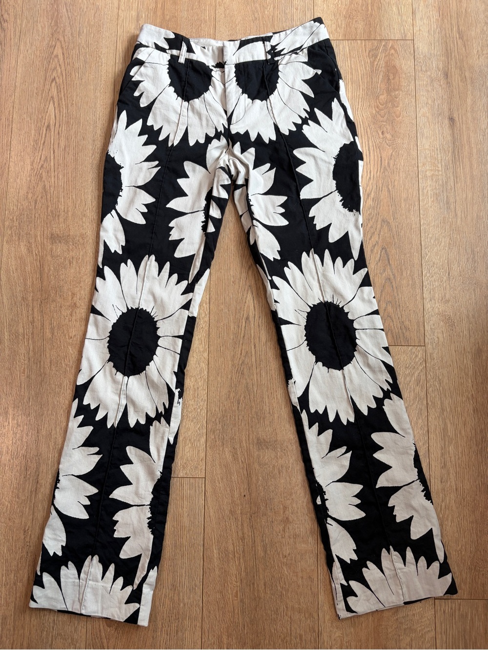 Alice + Olivia Eddie Slim Bootcut Sunflower Pants Black White Floral Size 6